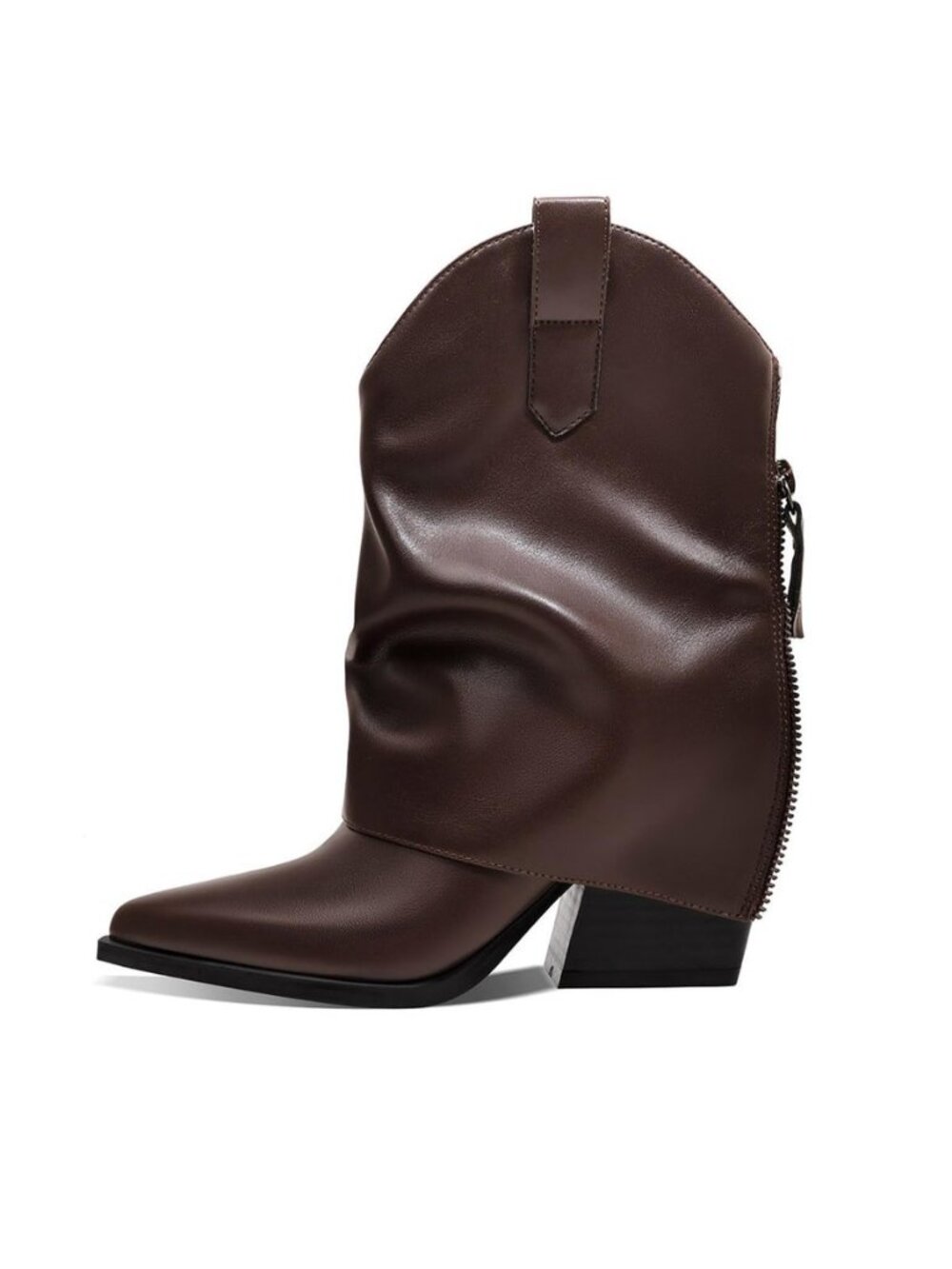 Womens Ankle Fold Over Boots Chunky Mid Heel Booties Retro Pointed Pointed Toe